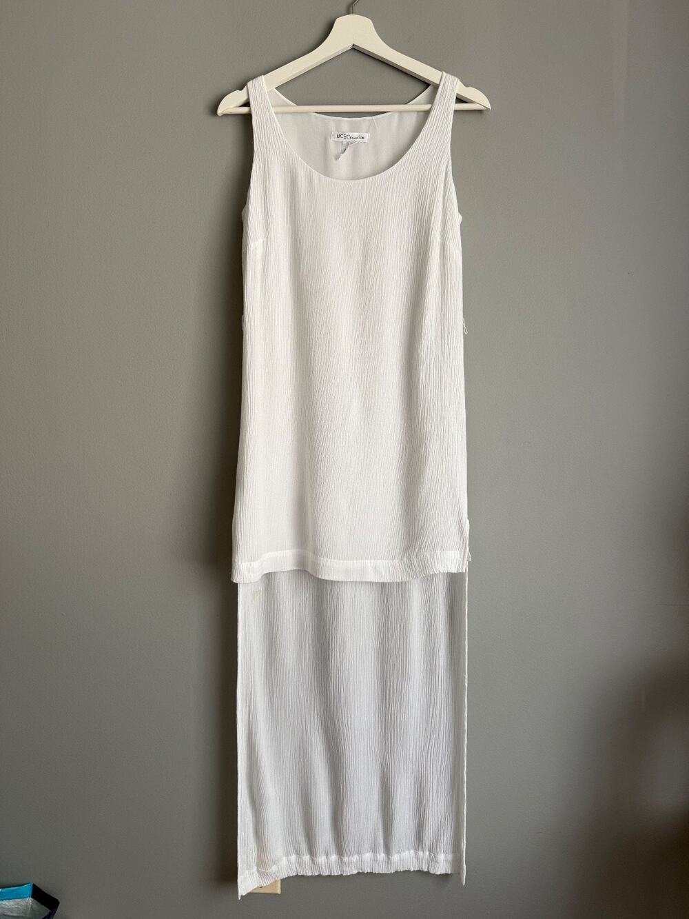 BCBGeneration Women's XXS White Crinkle Hi Low Tank Dress Boho Minimalist